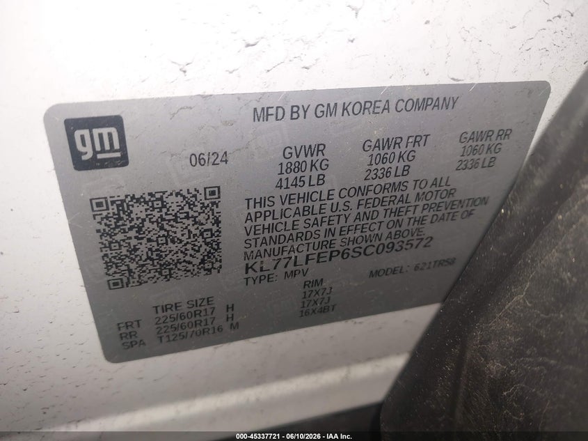 2025 Chevrolet Trax VIN KL77LFEP6SC093572 IAAI salvage auction — REAR END, Mv-907A (New York), sold $4,250 on 2026-07-15 (photo 9)