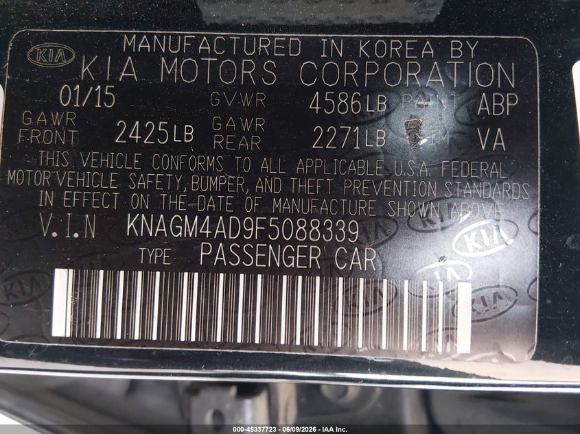 2015 Kia Optima VIN KNAGM4AD9F5088339 IAAI salvage auction — NORMAL WEAR, Salvage Title, sold $575 on 2026-07-21 (photo 9)