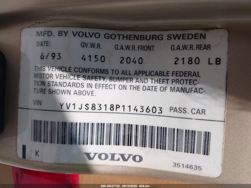1993 Volvo 940 VIN YV1JS8318P1143603 IAAI salvage auction — UNKNOWN, Rebuildable (Florida), sold $300 on 2026-08-13 (photo 9)