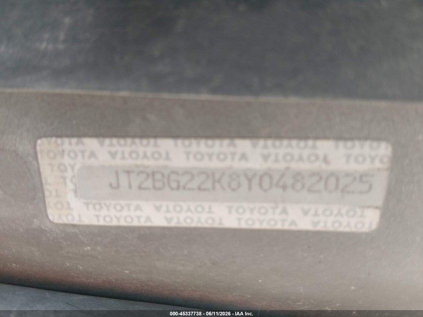 2000 Toyota Camry VIN JT2BG22K8Y0482025 IAAI salvage auction — NORMAL WEAR, Clear (Missouri), sold $125 on 2026-07-07 (photo 9)