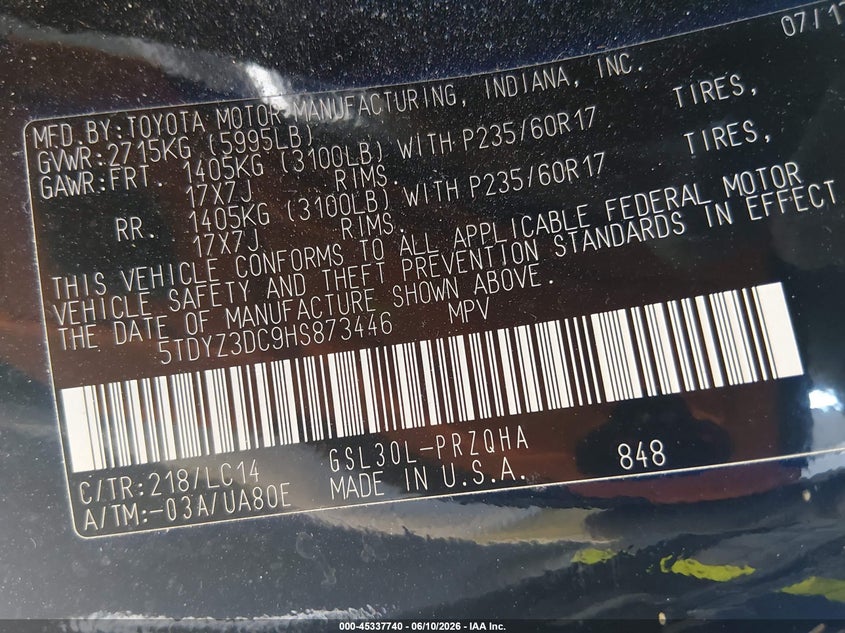 2017 Toyota Sienna VIN 5TDYZ3DC9HS873446 IAAI salvage auction — FRONT & REAR, Salvage (Missouri), sold $3,225 on 2026-07-15 (photo 9)