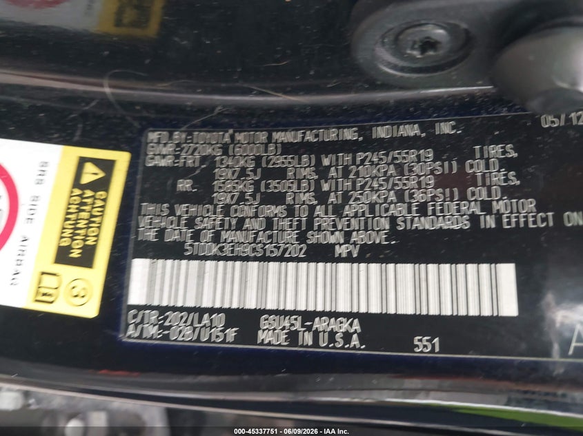 2012 Toyota Highlander VIN 5TDDK3EH9CS157202 IAAI salvage auction — NORMAL WEAR, Salvage Title, sold $4,250 on 2026-07-24 (photo 9)