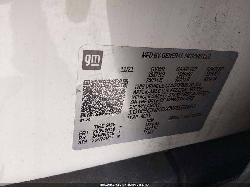 2022 Chevrolet Tahoe VIN 1GNSCNKDXNR152651 IAAI salvage auction — LEFT SIDE, Salvage Title, sold $14,300 on 2026-07-30 (photo 9)