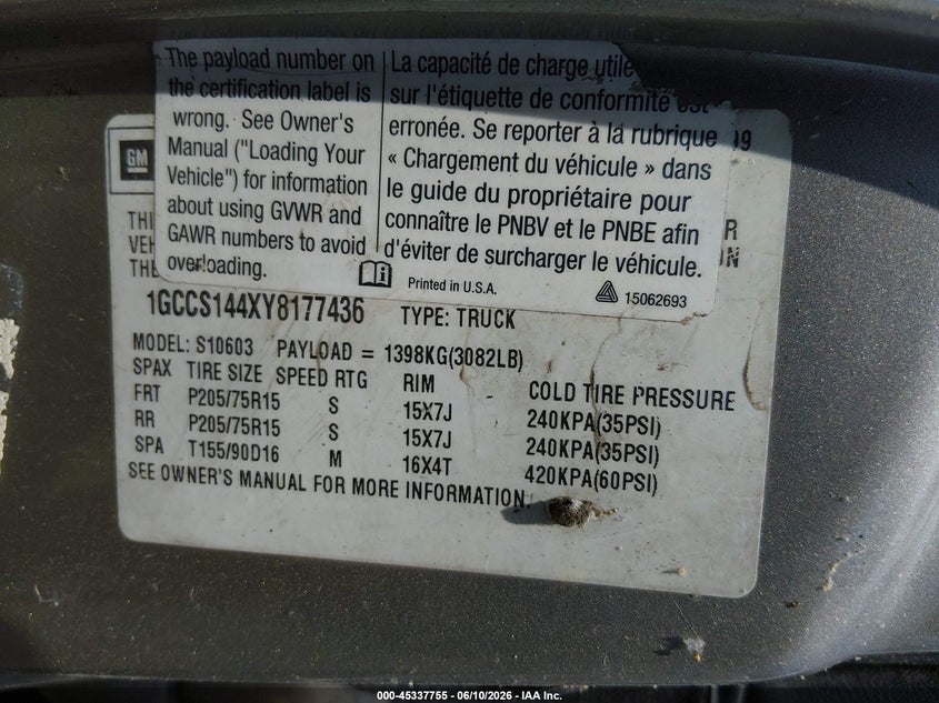 2000 Chevrolet S-10 pickup VIN 1GCCS144XY8177436 IAAI salvage auction — TRANSMISSION, Clear (Georgia), sold $275 on 2026-07-09 (photo 9)