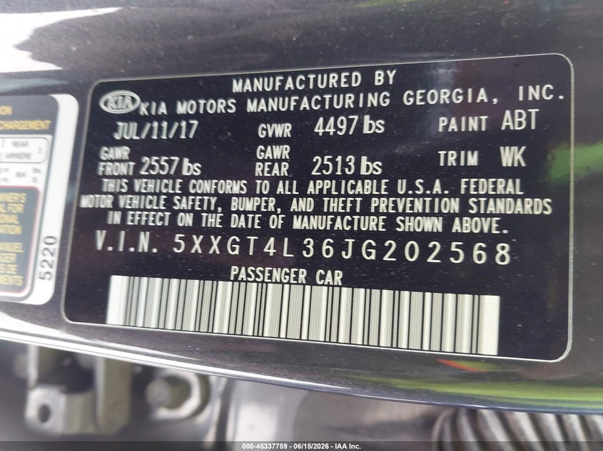 2018 Kia Optima VIN 5XXGT4L36JG202568 IAAI salvage auction — THEFT, Salvage (South Carolina), sold $25 on 2026-07-28 (photo 9)