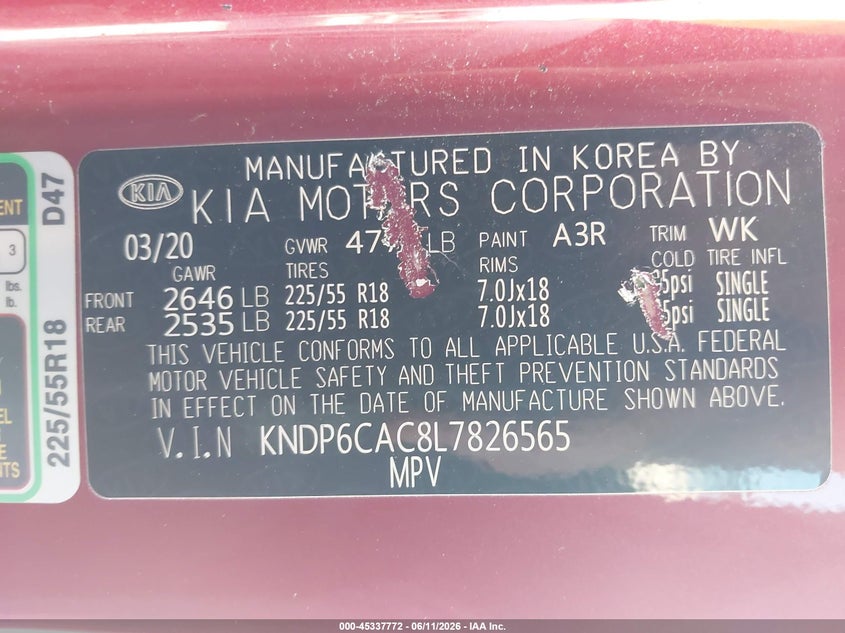 2020 Kia Sportage VIN KNDP6CAC8L7826565 IAAI salvage auction — FRONT END, Salvage (Ohio), sold $3,150 on 2026-07-08 (photo 9)