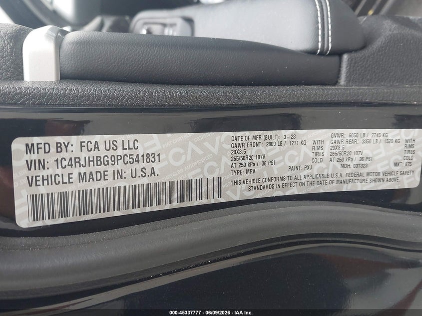 2023 Jeep Grand cherokee VIN 1C4RJHBG9PC541831 IAAI salvage auction — BIOHAZARD/CHEMICAL, Salvage Title, sold $2,550 on 2026-08-23 (photo 9)