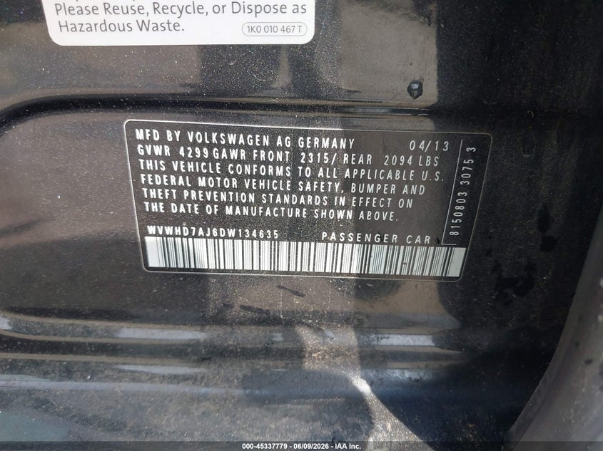 2013 Volkswagen Gti VIN WVWHD7AJ6DW134635 IAAI salvage auction — ENGINE DAMAGE, Clear (Virginia), sold $325 on 2026-07-11 (photo 9)