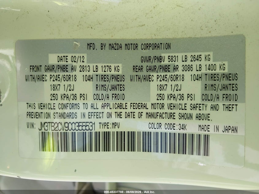 2012 Mazda Cx-9 VIN JM3TB2CV9C0355531 IAAI salvage auction — RIGHT SIDE, Salvage Title, sold $1,925 on 2026-07-08 (photo 9)