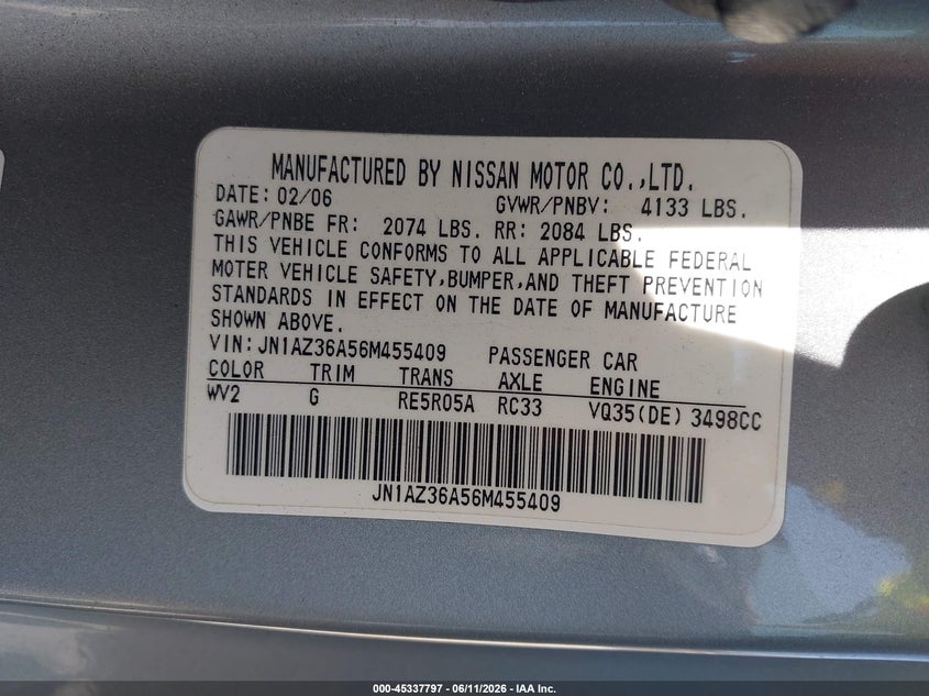 2006 Nissan 350z VIN JN1AZ36A56M455409 IAAI salvage auction — FRONT END, Salvage (North Carolina), sold $1,300 on 2026-07-09 (photo 9)