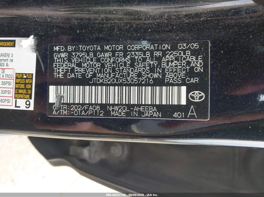 2005 Toyota Prius VIN JTDKB20UX53057216 IAAI salvage auction — NORMAL WEAR, Clear - Dealer Only (California), sold $325 on 2026-07-22 (photo 9)