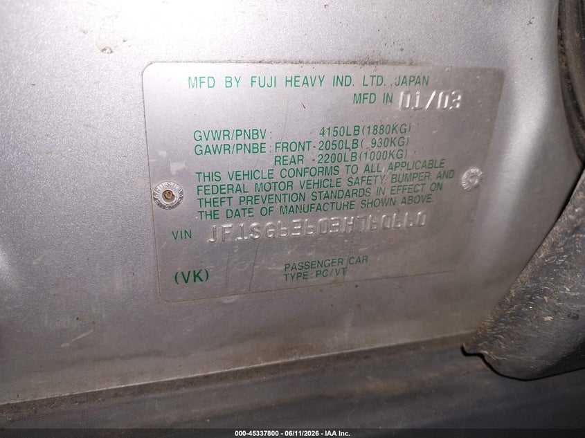 2003 Subaru Forester VIN JF1SG63603H760660 IAAI salvage auction — SIDE, Salvage (Oregon), sold $275 on 2026-07-31 (photo 9)