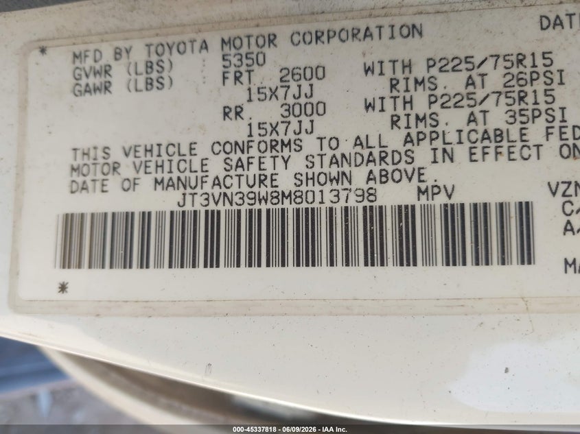 1991 Toyota 4runner VIN JT3VN39W8M8013798 IAAI salvage auction — NORMAL WEAR, Clear - Dealer Only (California), sold $375 on 2026-07-08 (photo 9)