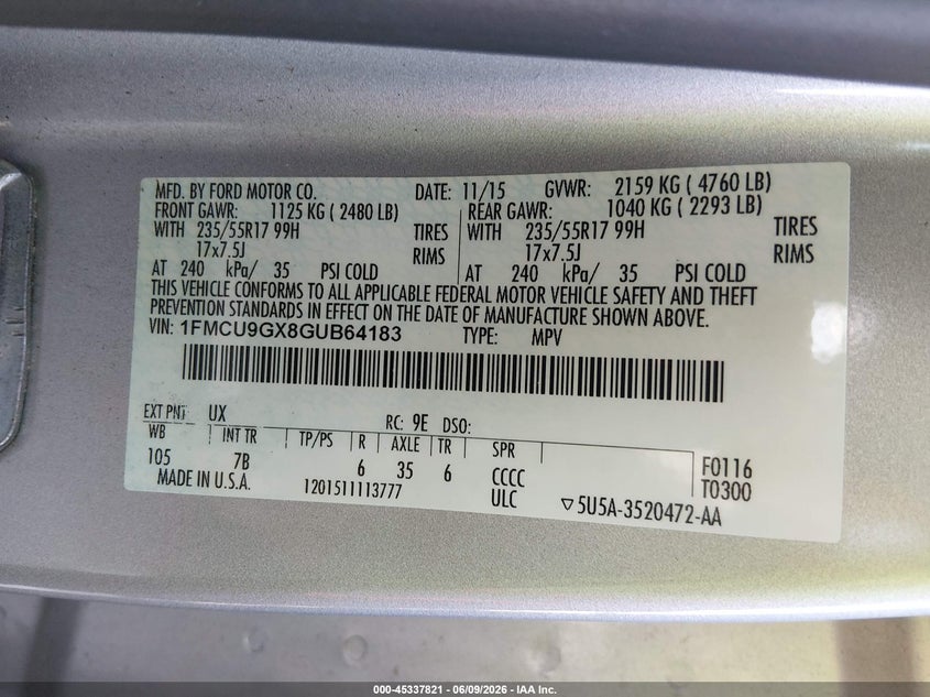 2016 Ford Escape VIN 1FMCU9GX8GUB64183 IAAI salvage auction — FRONT END, Salvage (Illinois), sold $975 on 2026-07-31 (photo 9)
