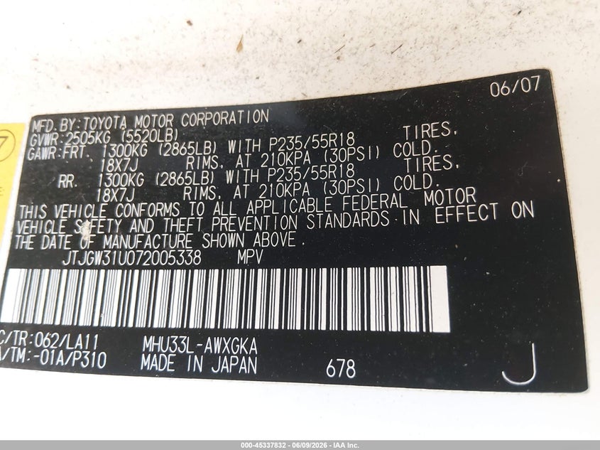 2007 Lexus Rx VIN JTJGW31U072005338 IAAI salvage auction — LEFT REAR, Salvage (Arizona), sold $425 on 2026-07-14 (photo 9)