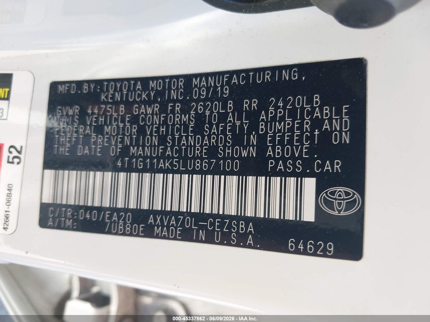 2020 Toyota Camry VIN 4T1G11AK5LU867100 IAAI salvage auction — REAR END, Salvage Title, sold $7,825 on 2026-07-09 (photo 9)
