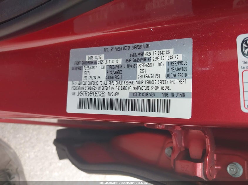 2022 Mazda Cx-5 VIN JM3KFBCM5N0577851 IAAI salvage auction — FRONT END, Salvage Title, sold $5,075 on 2026-07-13 (photo 9)