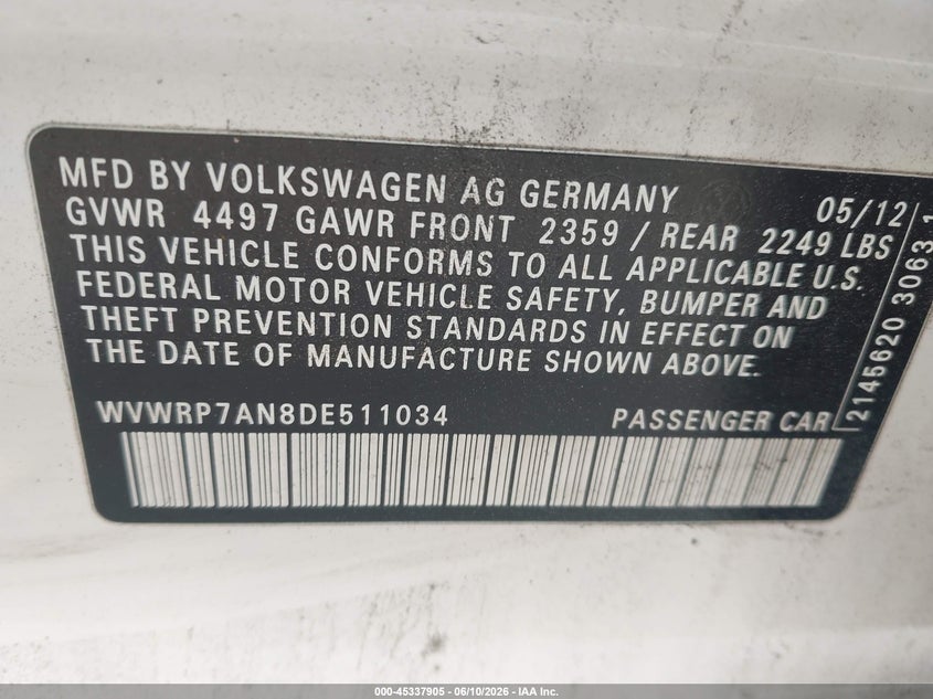 2013 Volkswagen Passat cc VIN WVWRP7AN8DE511034 IAAI salvage auction — REAR END, Salvage (Georgia), sold $150 on 2026-07-29 (photo 9)