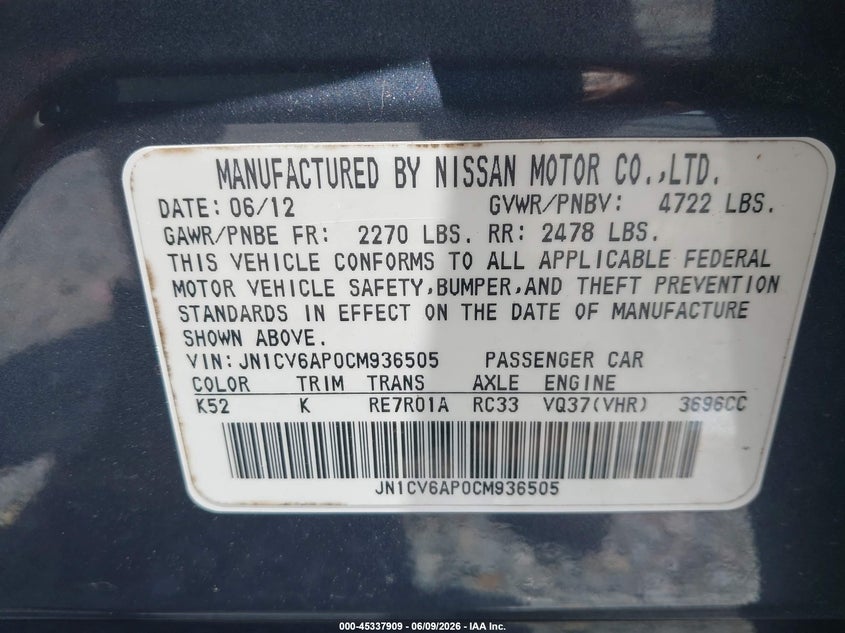 2012 Infiniti G VIN JN1CV6AP0CM936505 IAAI salvage auction — REAR END, Salvage Title, sold $250 on 2026-07-17 (photo 9)