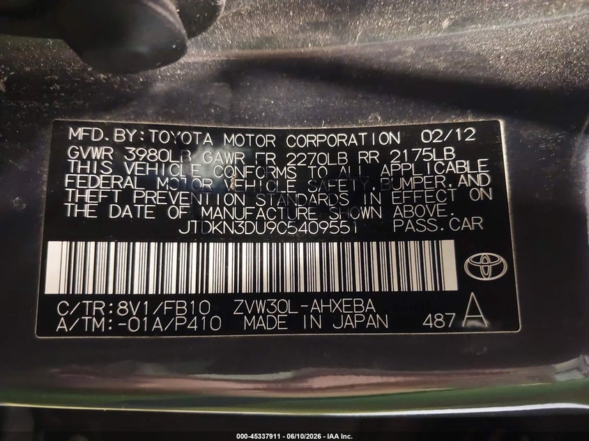 2012 Toyota Prius VIN JTDKN3DU9C5409551 IAAI salvage auction — LEFT FRONT, Salvage (Utah), sold $25 on 2026-07-29 (photo 9)