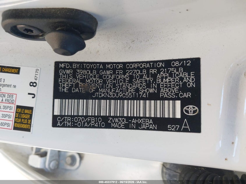 2012 Toyota Prius VIN JTDKN3DU9C5511741 IAAI salvage auction — UNKNOWN, Salvage Title, sold $3,050 on 2026-07-22 (photo 9)