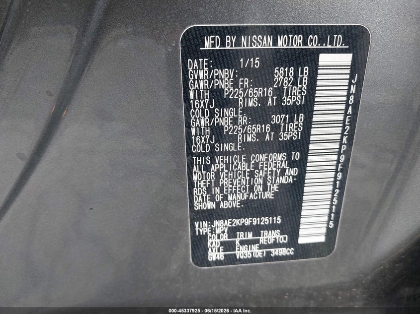 2015 Nissan Quest VIN JN8AE2KP9F9125115 IAAI salvage auction — LEFT FRONT, Salvage (Pennsylvania), sold $1,675 on 2026-07-10 (photo 9)
