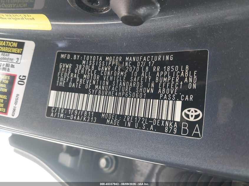2017 Toyota Corolla VIN 5YFBURHE4HP650601 IAAI salvage auction — HAIL, Original (Texas), sold $4,700 on 2026-08-01 (photo 9)