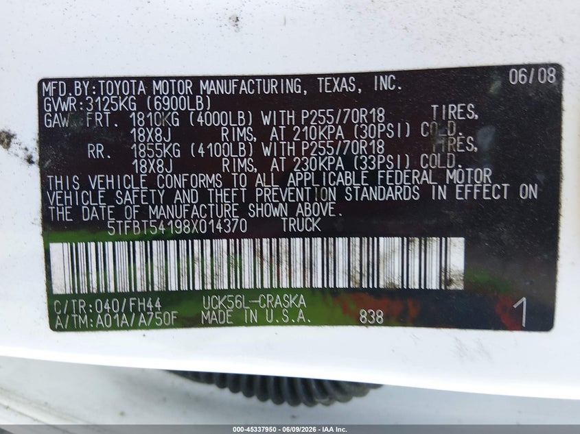 2008 Toyota Tundra VIN 5TFBT54198X014370 IAAI salvage auction — NORMAL WEAR, Clear (Mississippi), sold $925 on 2026-07-08 (photo 9)