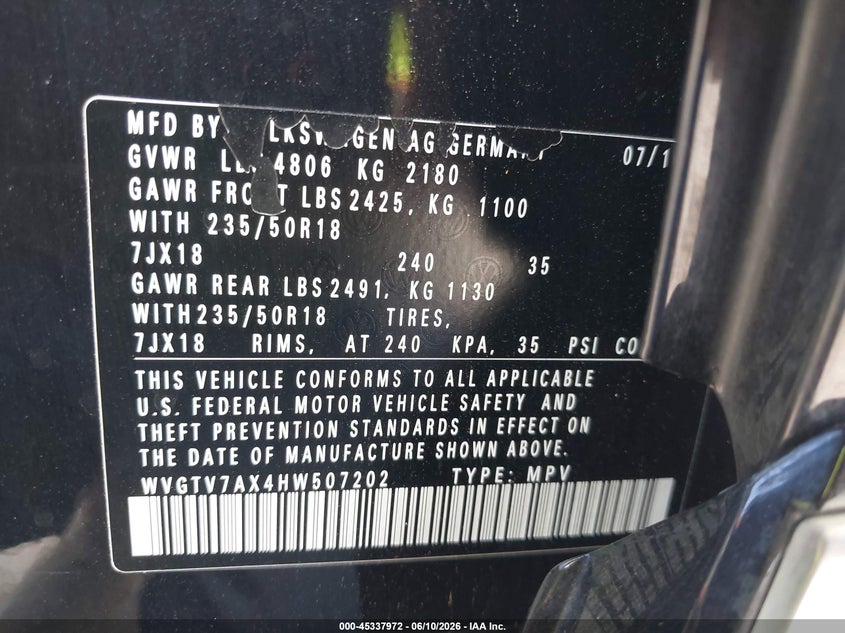 2017 Volkswagen Tiguan VIN WVGTV7AX4HW507202 IAAI salvage auction — FRONT END, Salvage Title, sold $1,750 on 2026-08-19 (photo 9)