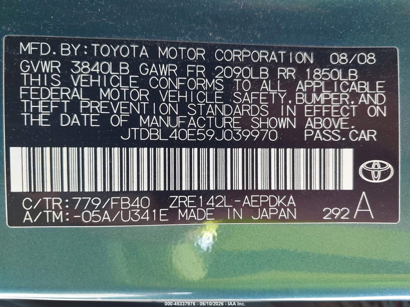 2009 Toyota Corolla VIN JTDBL40E59J039970 IAAI salvage auction — FRONT END, Salvage (Maine), sold $550 on 2026-07-27 (photo 9)