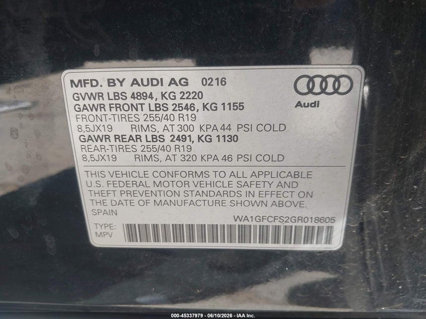 2016 Audi Q3 VIN WA1GFCFS2GR018605 IAAI salvage auction — REAR END, Salvage (California), sold $2,150 on 2026-07-28 (photo 9)