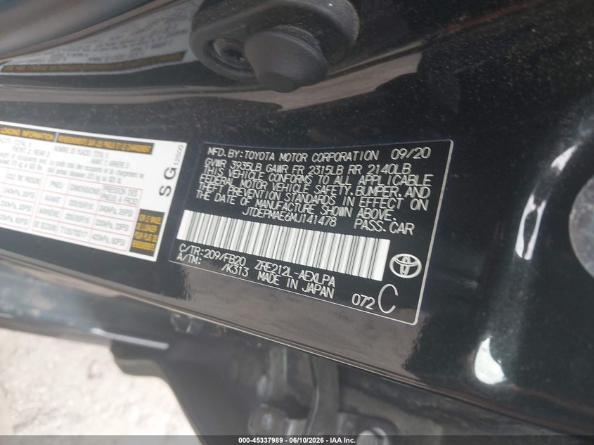 2021 Toyota Corolla VIN JTDEPMAE6MJ141478 IAAI salvage auction — RIGHT SIDE, Salvage (Rhode Island), sold $225 on 2026-07-28 (photo 9)