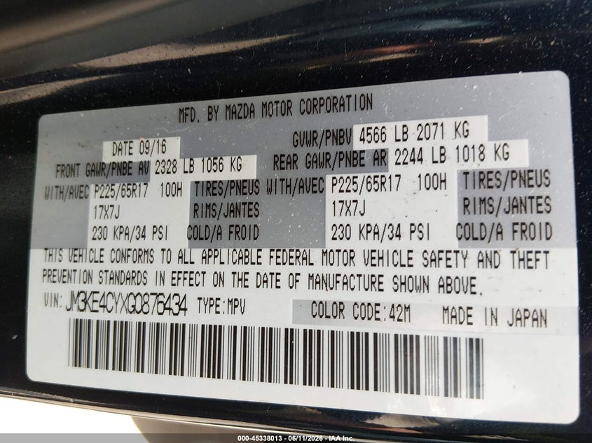 2016 Mazda Cx-5 VIN JM3KE4CYXG0876434 IAAI salvage auction — FRONT END, Salvage Title, sold $2,175 on 2026-07-23 (photo 9)