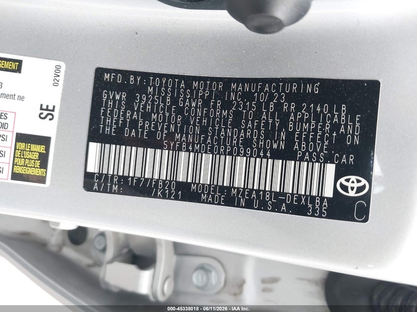 2024 Toyota Corolla VIN 5YFB4MDE0RP099044 IAAI salvage auction — FRONT END, Certificate Of Destruction (Florida), sold $4,500 on 2026-07-15 (photo 9)