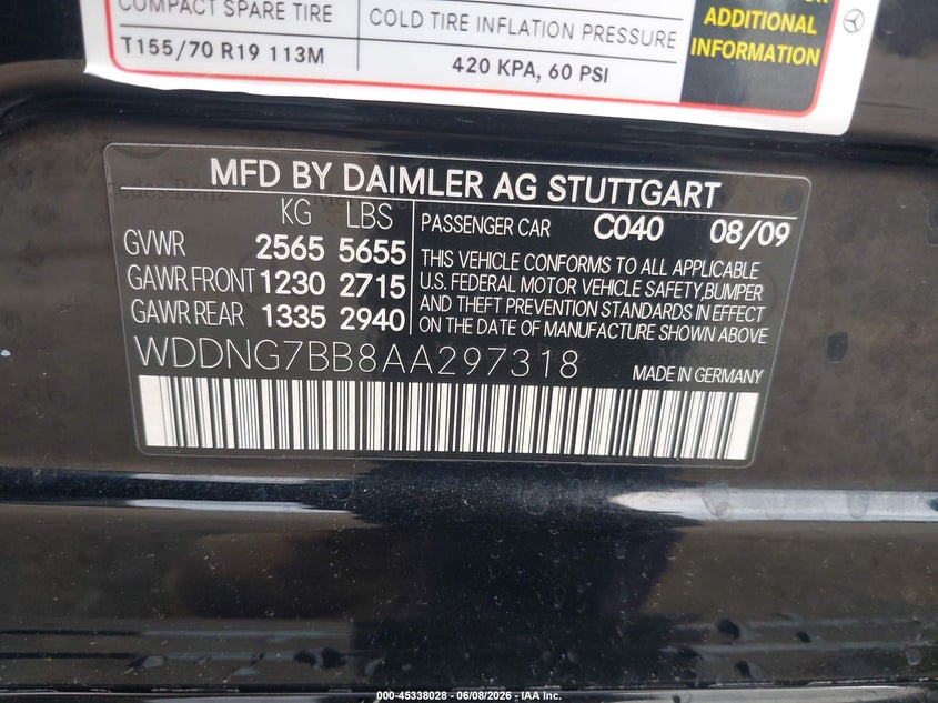 2010 Mercedes-benz S-klasse VIN WDDNG7BB8AA297318 IAAI salvage auction — LEFT REAR, Salvage (California), sold $1,050 on 2026-08-12 (photo 9)