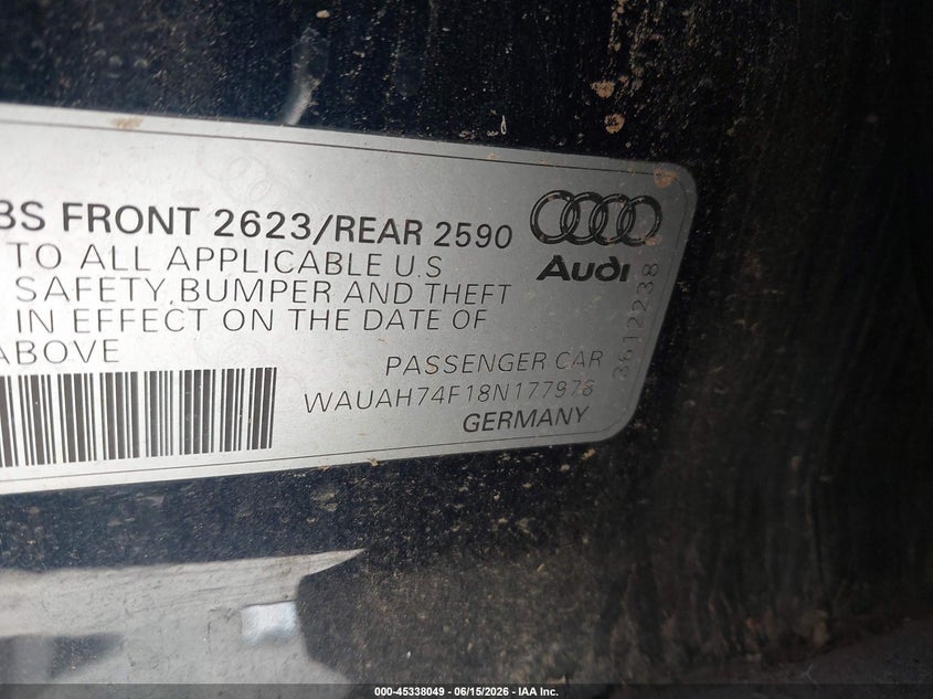 2008 Audi A6 VIN WAUAH74F18N177978 IAAI salvage auction — NORMAL WEAR, Clear - Dealer Only (California), sold $200 on 2026-07-14 (photo 9)