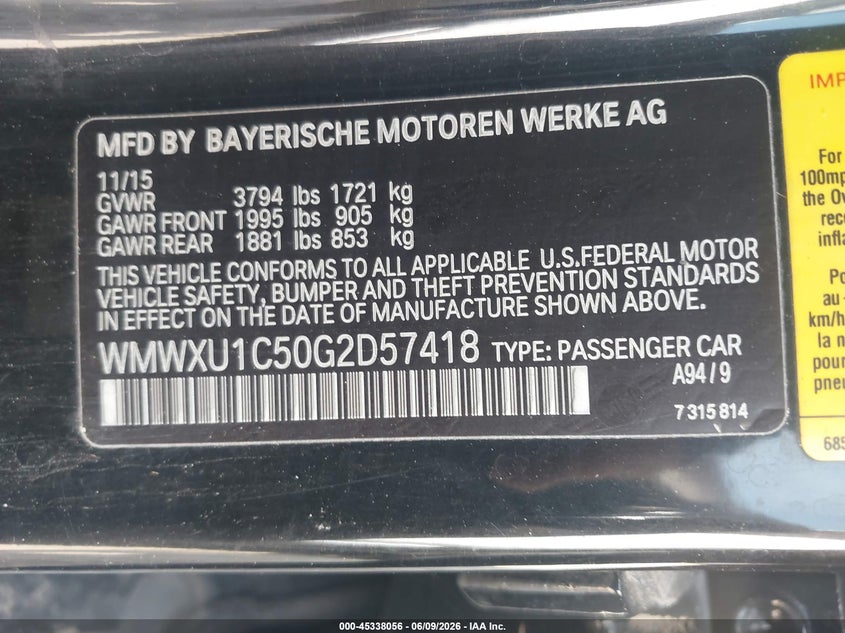 2016 Mini Hard top VIN WMWXU1C50G2D57418 IAAI salvage auction — REAR END, Salvage (Georgia), sold $1,200 on 2026-07-24 (photo 9)