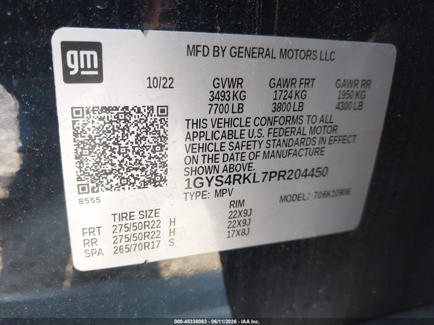 2023 Cadillac Escalade VIN 1GYS4RKL7PR204450 IAAI salvage auction — FRONT END, Salvage Title, sold $25,300 on 2026-08-19 (photo 9)