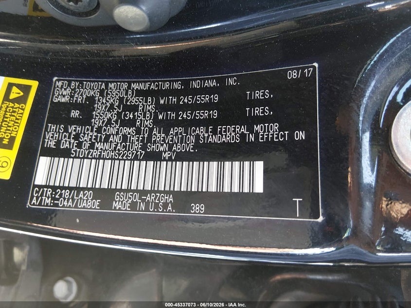 2017 Toyota Highlander VIN 5TDYZRFH0HS229717 IAAI salvage auction — FRONT END, Salvage Title, sold $5,775 on 2026-07-23 (photo 9)