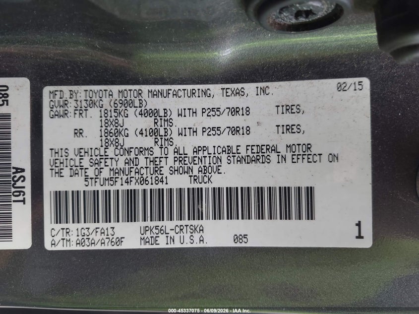 2015 Toyota Tundra VIN 5TFUM5F14FX061841 IAAI salvage auction — NORMAL WEAR, Salvage Title, sold $4,225 on 2026-07-07 (photo 9)