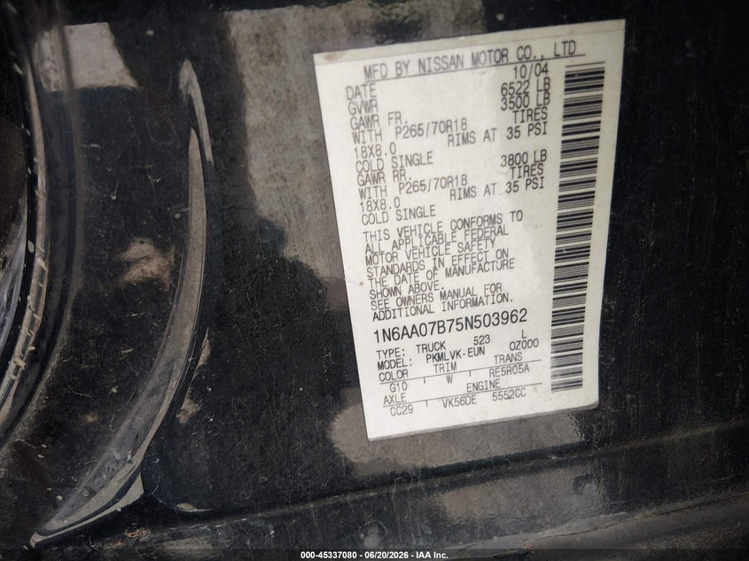 2005 Nissan TITAN VIN 1N6AA07B75N503962 IAAI salvage auction — NORMAL WEAR, Clear (Missouri), sold $675 on 2026-07-09 (photo 9)