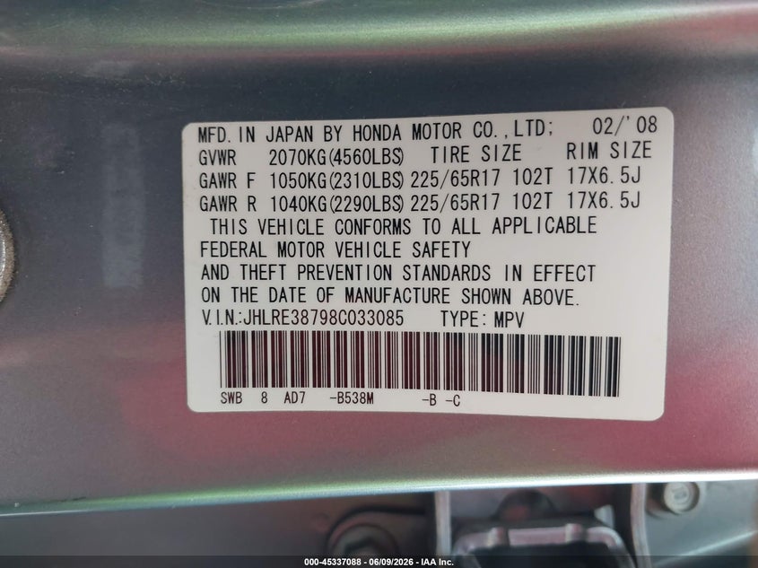 2008 Honda Cr-v VIN JHLRE38798C033085 IAAI salvage auction — NORMAL WEAR, Clear (Texas), sold $1,650 on 2026-07-09 (photo 9)