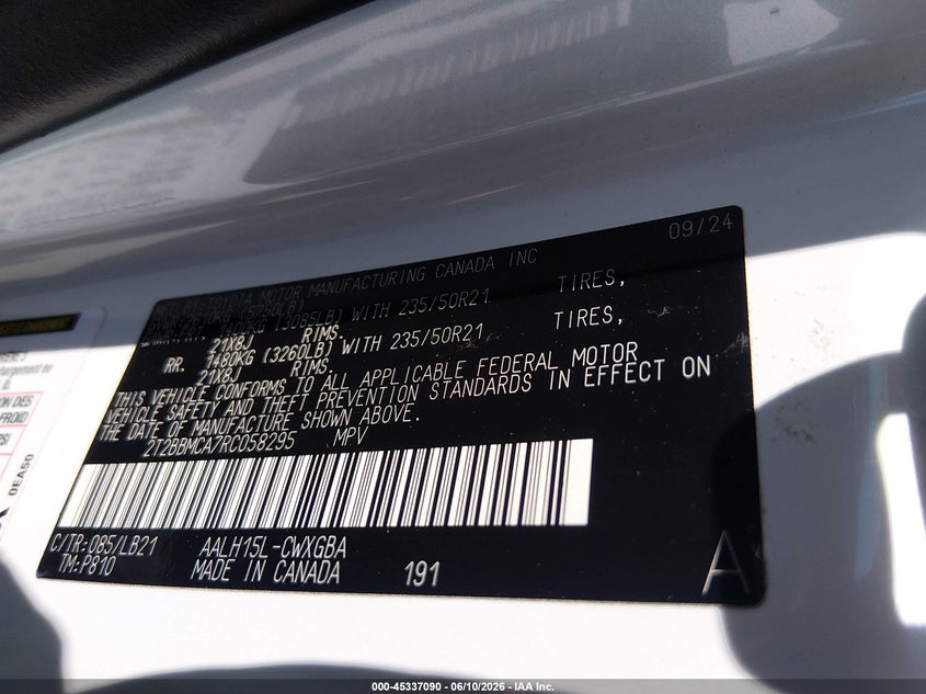 2024 Lexus Rx VIN 2T2BBMCA7RC058295 IAAI salvage auction — RIGHT REAR, Salvage Title, sold $23,900 on 2026-07-23 (photo 9)