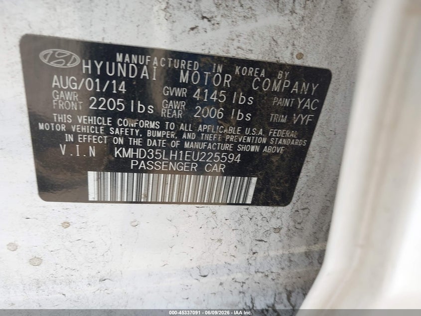 2014 Hyundai Elantra VIN KMHD35LH1EU225594 IAAI salvage auction — NORMAL WEAR, Salvage Title, sold $750 on 2026-07-15 (photo 9)