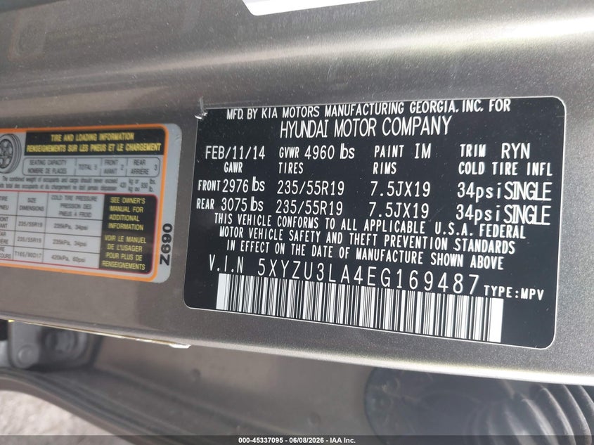 2014 Hyundai Santa fe VIN 5XYZU3LA4EG169487 IAAI salvage auction — NORMAL WEAR, Salvage Title, sold $1,625 on 2026-07-20 (photo 9)