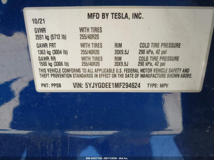 2021 Tesla Model y VIN 5YJYGDEE1MF294624 IAAI salvage auction — REAR END, Salvage (California), sold $8,550 on 2026-07-20 (photo 9)