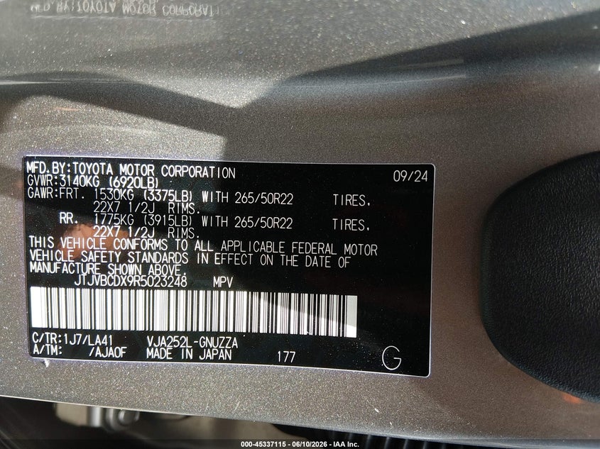 2024 Lexus Gx VIN JTJVBCDX9R5023248 IAAI salvage auction — FRONT & REAR, Salvage Title, sold $28,500 on 2026-07-24 (photo 9)