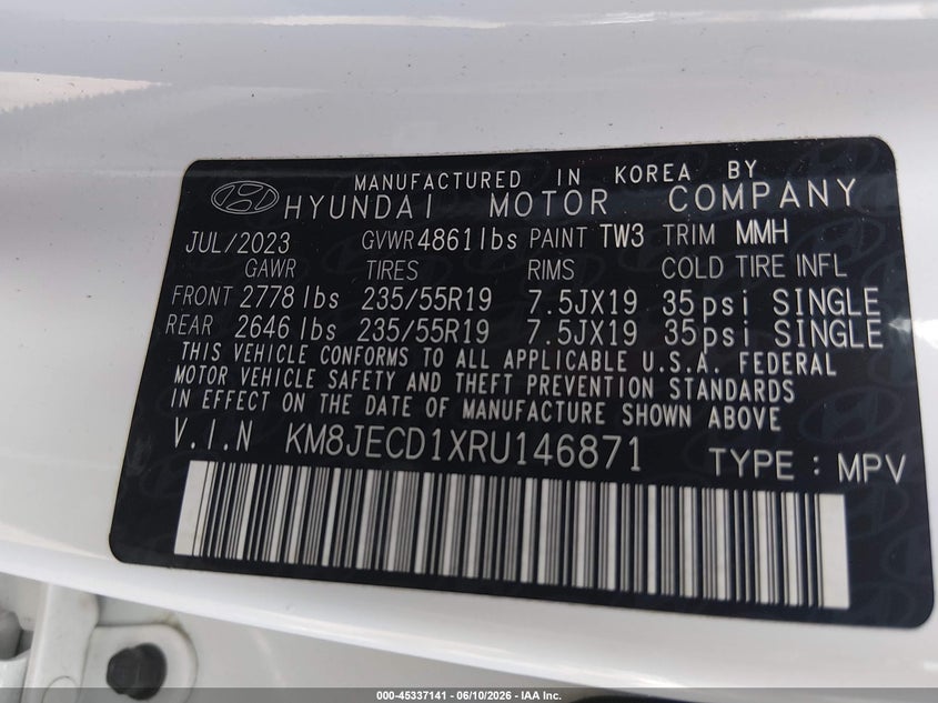 2024 Hyundai Tucson VIN KM8JECD1XRU146871 IAAI salvage auction — FRONT END, Salvage (Ohio), sold $9,700 on 2026-07-28 (photo 9)