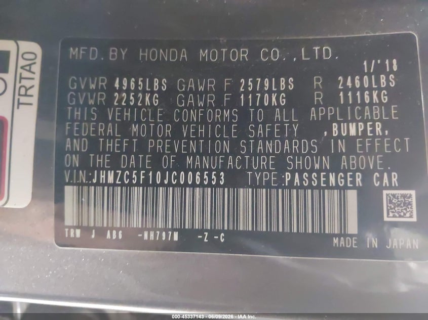 2018 Honda Clarity VIN JHMZC5F10JC006553 IAAI salvage auction — FRONT END, Mv-907A (New York), sold $2,000 on 2026-07-08 (photo 9)