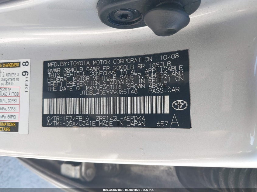 2009 Toyota Corolla VIN JTDBL40EX99085148 IAAI salvage auction — NORMAL WEAR, Salvage (California), sold $2,250 on 2026-07-13 (photo 9)